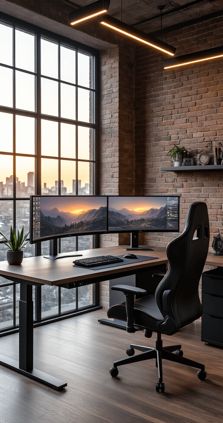 Ultra-realistic home office gaming setup featuring a modern minimalist L-shaped electric standing desk, dual 27-inch curved monitors, ergonomic black leather gaming chair, and an exposed brick accent wall, all bathed in soft natural light at golden hour.