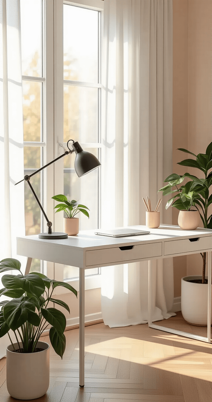 A serene home office featuring a white minimalist writing desk by a large window, illuminated by soft morning light. The warm wood herringbone flooring complements a sleek black adjustable desk lamp and a matte white ceramic pot with a pothos plant. The blush pink and warm white color palette enhances the clean workspace aesthetic, while a discreet cable management box hides power strips.