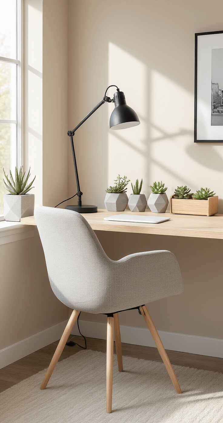 Intimate corner desk setup with light wood floating desk, soft gray ergonomic chair, black minimalist desk lamp, geometric concrete succulent planters, bamboo desk organizer, framed black and white photograph, and subtle cable management, all illuminated by natural morning light.