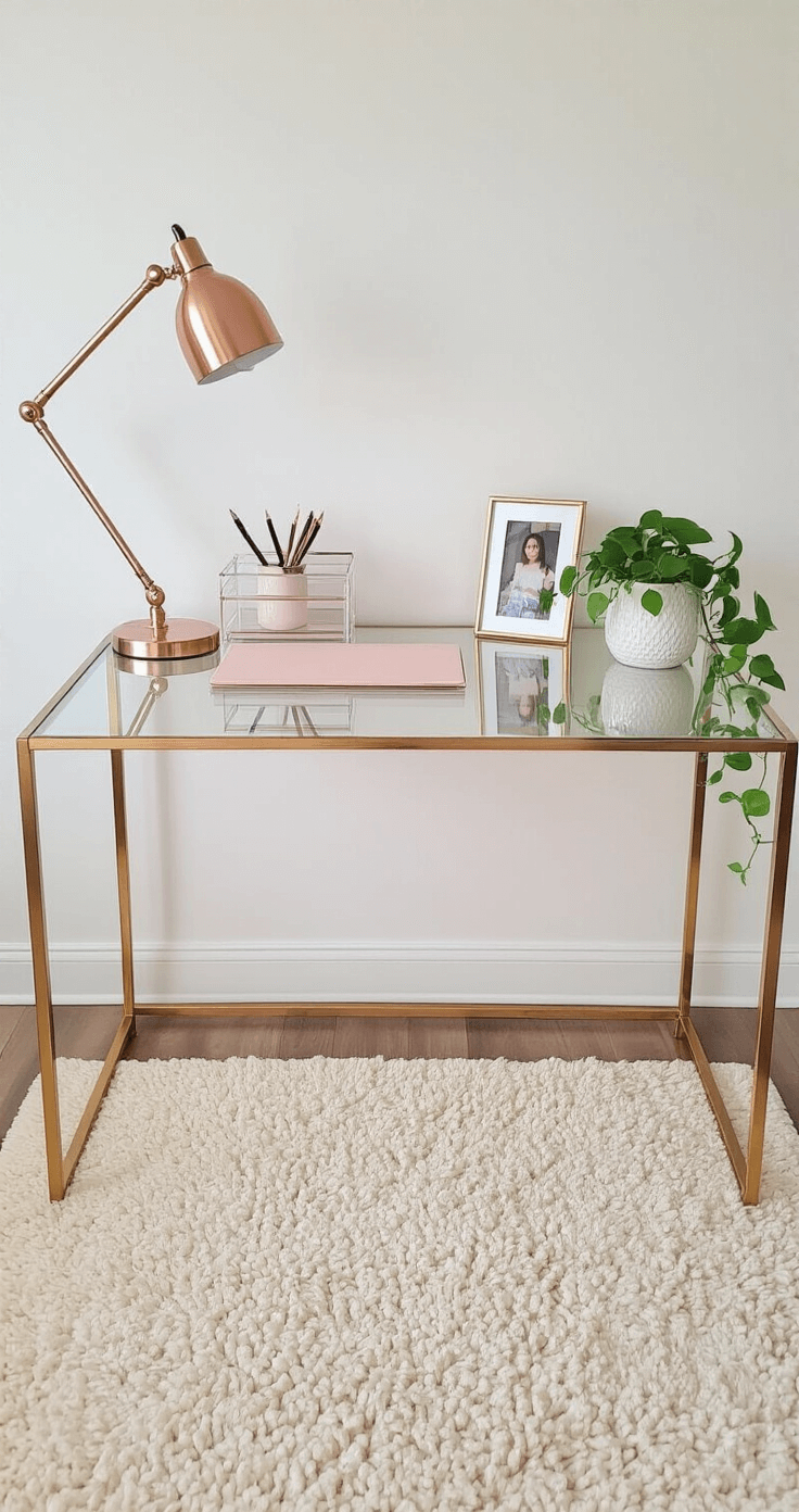 A chic home workspace in rose gold and blush tones features a glass desk with gold trim against a white wall, an adjustable task lamp, an acrylic organizer, and a trailing pothos plant in a white planter. The area is complemented by a cream rug, a brass picture frame, and minimalist stationery, all under soft natural light.
