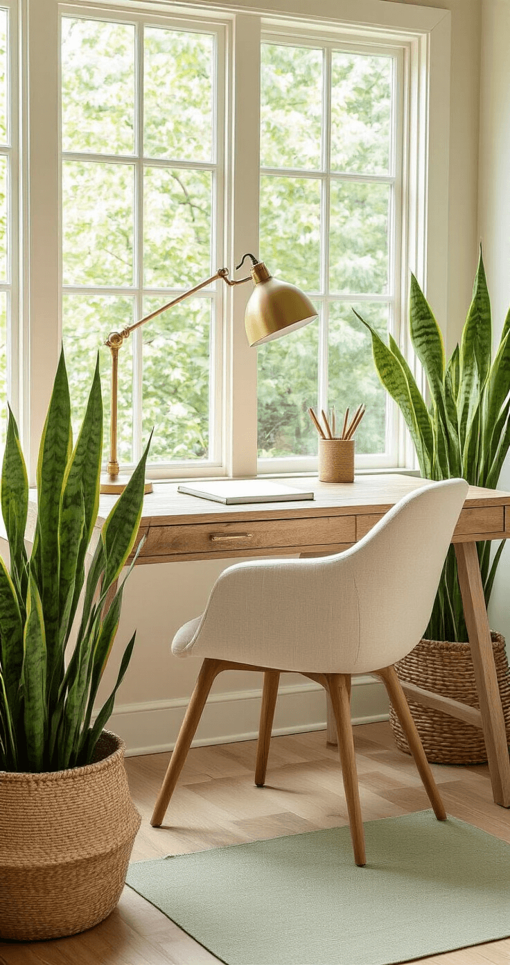 A cozy, nature-inspired desk nook featuring a rustic wood desk by large windows, with abundant greenery outside. The setup includes a cream-colored ergonomic chair, warm wood accents, a large snake plant in a woven basket, and a sage green linen desk mat. A brass desk lamp emits warm light, accompanied by a wooden pen holder and a simple white notebook, all bathed in filtered natural light for an inviting atmosphere.