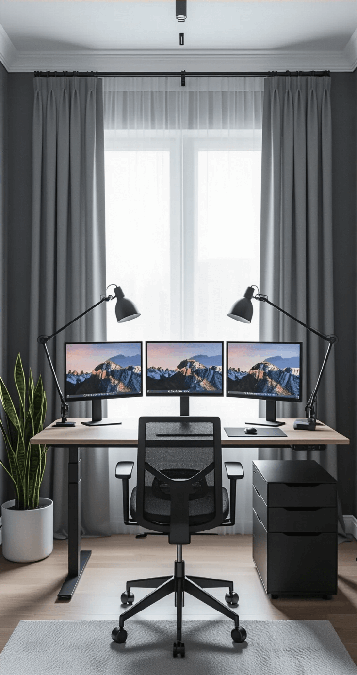 Ultra-realistic home trading office interior featuring a sleek electric standing desk, three monitors on articulating arms, ergonomic chair, and soft natural light filtering through gray curtains, with a potted snake plant adding a touch of greenery.
