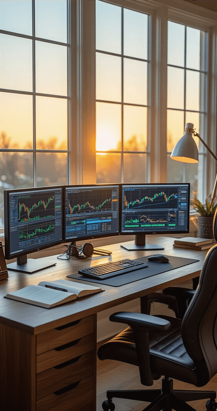 A modern trading desk setup at dawn, featuring three financial monitors with blue and green charts, a rich walnut standing desk, an ergonomic dark leather chair, a minimalist lamp, and an open trading journal, all bathed in warm golden light.