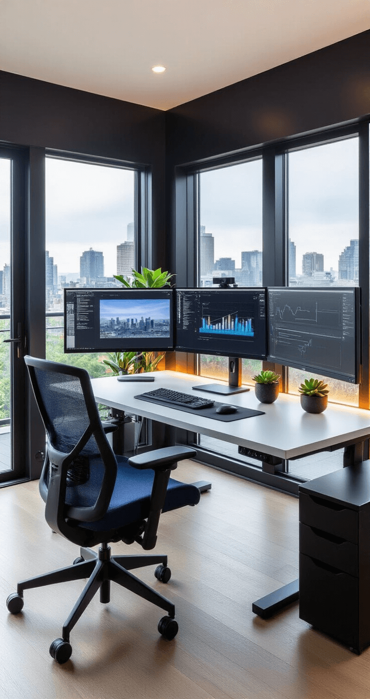 High-end home trading command center featuring an expansive room with large windows, a sleek white electric standing desk, custom triple-monitor setup, ergonomic navy blue chair, and ambient LED lighting, all set against an urban landscape.