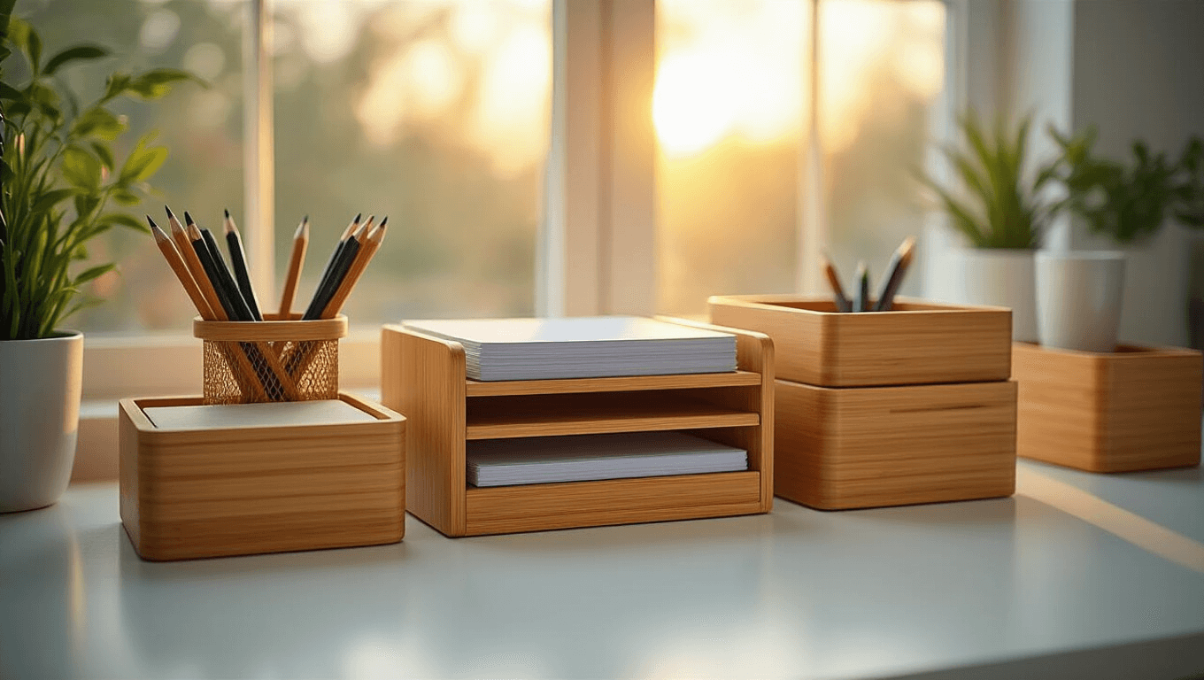 A cinematic wide shot of a bamboo desk organizer system on a clean white surface, illuminated by warm golden hour lighting, showcasing textured pen holders, stackable paper trays, and modular storage cubes with soft shadows and cool blue accent lighting.