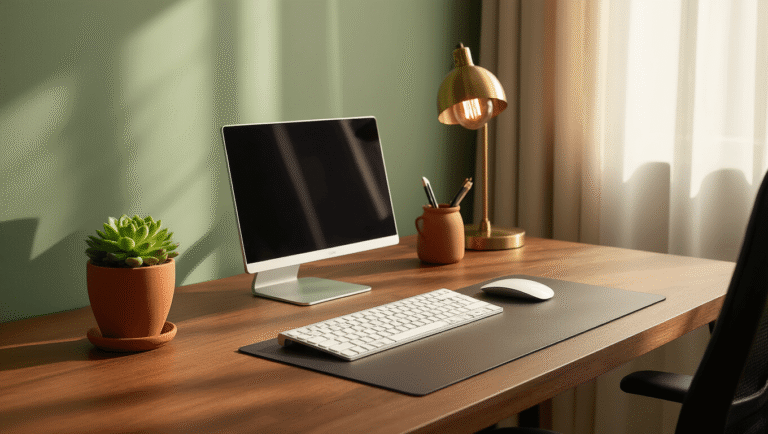 Cinematic home office workspace featuring a warm walnut desk with wireless peripherals, sleek laptop stand, and a succulent, illuminated by soft morning light, against a sage green wall.