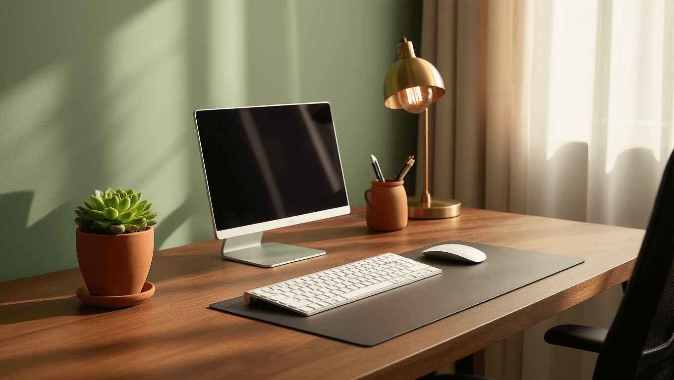 Cinematic home office workspace featuring a warm walnut desk with wireless peripherals, sleek laptop stand, and a succulent, illuminated by soft morning light, against a sage green wall.