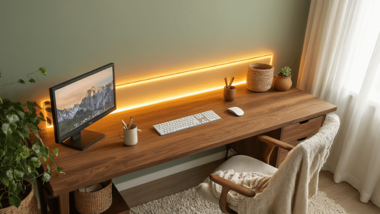 Cinematic overhead view of a cozy desk featuring warm LED lighting, natural walnut wood texture, sage green wall, ceramic mug with wooden pens, pothos plant, rattan cable basket, faux sheepskin rug, and soft throw blanket, creating an intimate workspace ambiance.