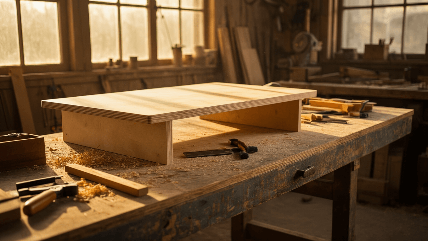 Cinematic wide-angle shot of a custom-built birch plywood desk in a warm workshop, featuring woodworking tools, rich wood grain textures, and soft golden light creating inviting shadows and atmosphere.