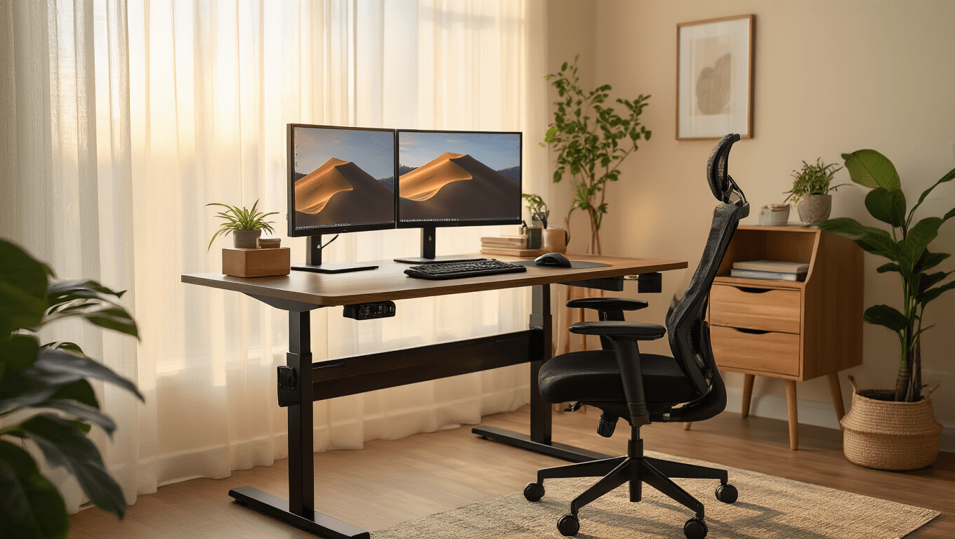 Cinematic wide shot of an ergonomic home office with warm lighting, featuring a dark walnut standing desk, dual monitors, black mesh chair, and organized workspace set in a clean, inviting atmosphere.