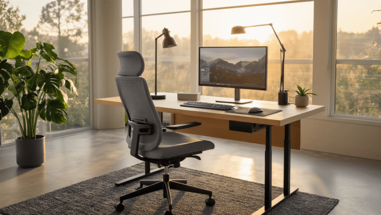 Cinematic shot of a modern ergonomic home office with a slate gray chair, oak desk, eye-level monitor, tactile keyboard, and lush monstera plant, illuminated by warm golden hour light.
