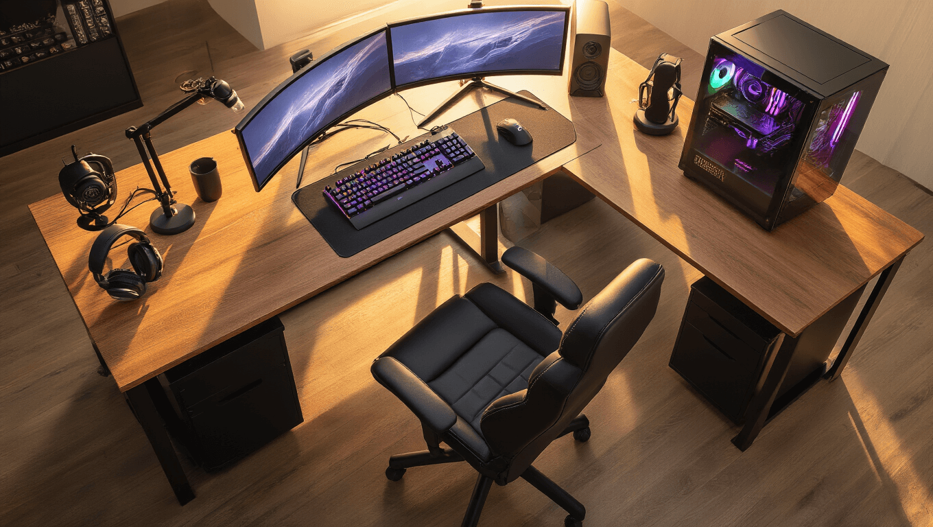 Cinematic overhead view of a sleek L-shaped gaming desk setup with dual curved monitors, organized cables, a mechanical keyboard, precision mouse, ergonomic black leather chair, and a custom PC, all in warm golden hour lighting against a clean walnut wood grain surface.
