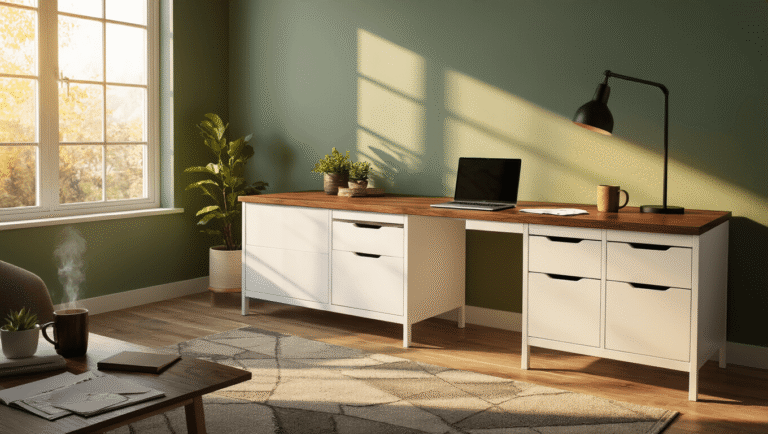 Sleek IKEA desk hack with walnut KARLBY countertop on white ALEX drawers, warm golden hour light casting dynamic shadows, modern home office with sage green wall, matte black desk lamp, MacBook Pro, steaming coffee mug, succulent plant, scattered papers, and geometric area rug.