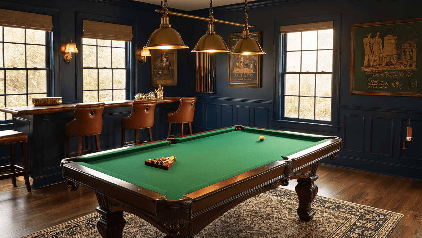 Luxurious pool table room featuring a 9-foot emerald felt table, warm brass pendant lights, navy blue walls with vintage artwork, cognac leather bar stools, polished hardwood floors, and golden hour lighting for an inviting ambiance.