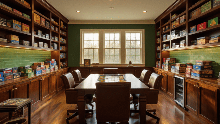 Cinematic interior of a luxurious board game room with mahogany shelving, forest green walls, and warm lighting, featuring a central hardwood gaming table, cognac leather chairs, organized game boxes, and ambient LED strips.