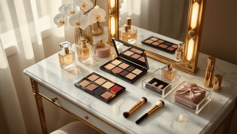 Cinematic overhead shot of an elegant white marble vanity desk with brass hardware, featuring high-end makeup products and delicate details, illuminated by warm morning light.