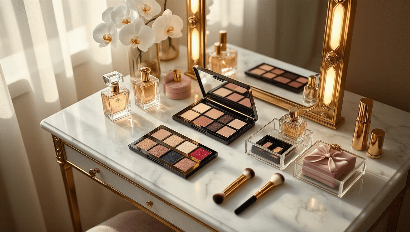 Cinematic overhead shot of an elegant white marble vanity desk with brass hardware, featuring high-end makeup products and delicate details, illuminated by warm morning light.