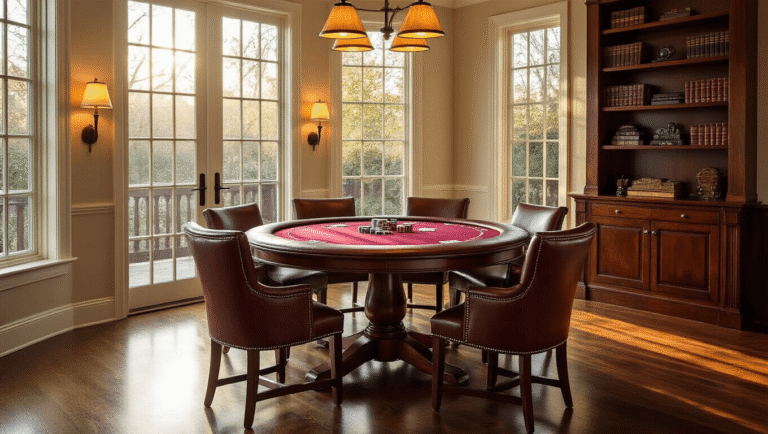 Cinematic wide shot of a sophisticated living room featuring an elegant mahogany convertible poker dining table with burgundy felt, surrounded by cognac leather chairs, warm lighting, and polished hardwood floors, creating a cozy atmosphere with playing cards and decorative elements.