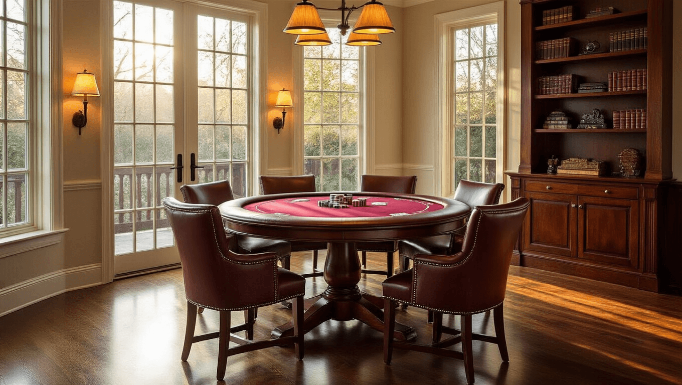 Cinematic wide shot of a sophisticated living room featuring an elegant mahogany convertible poker dining table with burgundy felt, surrounded by cognac leather chairs, warm lighting, and polished hardwood floors, creating a cozy atmosphere with playing cards and decorative elements.