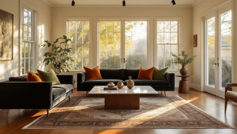 A sophisticated mid-century modern living room bathed in golden hour light, featuring a charcoal velvet sofa with colorful throw pillows, a polished marble coffee table, warm oak hardwood floors, cream walls with gallery lighting, and a vintage Persian rug, exuding elegance and coziness.