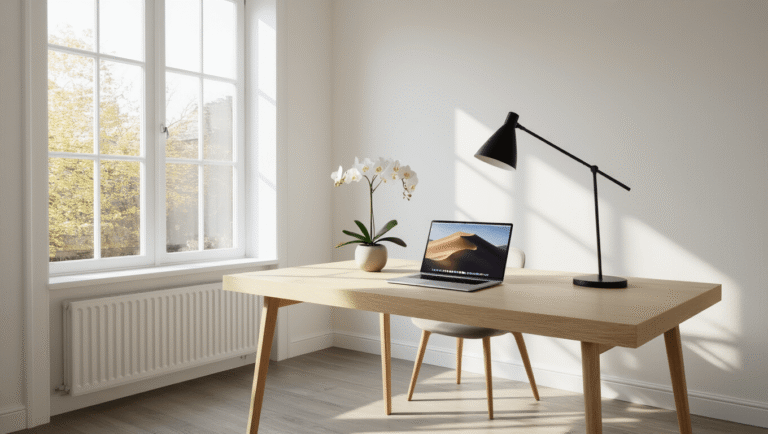 A minimalist Scandinavian home office with a pale oak desk, soft morning light from large windows, a matte black lamp, a white orchid, and a MacBook Pro, featuring warm hardwood floors and a zen-like composition.