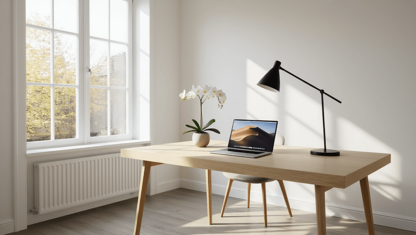 A minimalist Scandinavian home office with a pale oak desk, soft morning light from large windows, a matte black lamp, a white orchid, and a MacBook Pro, featuring warm hardwood floors and a zen-like composition.