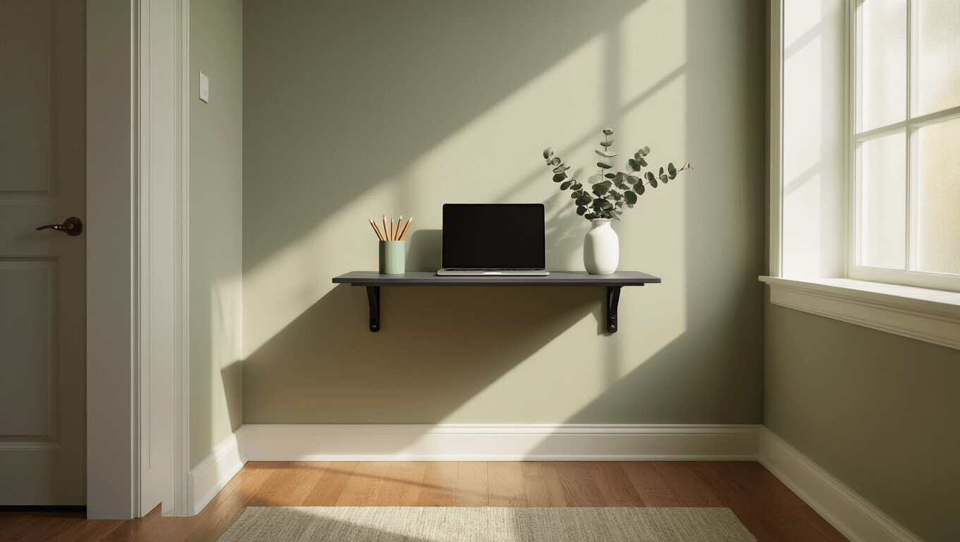 Minimalist hallway workspace featuring a wall-mounted charcoal gray foldable desk at 36 inches height, adorned with a sleek laptop, sage green pencil holder, and fresh eucalyptus in a white vase. Bathed in warm morning light from a frosted window, the scene highlights rich hardwood floors, warm greige walls, and soft shadows, creating an inviting and serene atmosphere.
