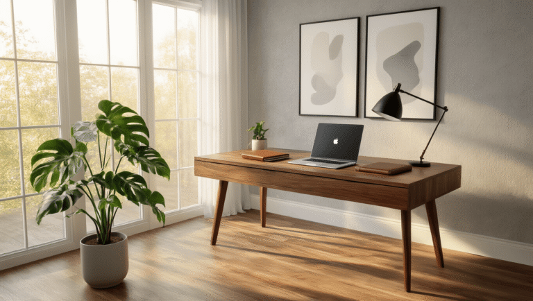Cinematic wide shot of a minimalist walnut writing desk by a large window, featuring a MacBook Pro, leather notebook, adjustable lamp, and a potted monstera plant, bathed in soft golden morning light on hardwood floors.