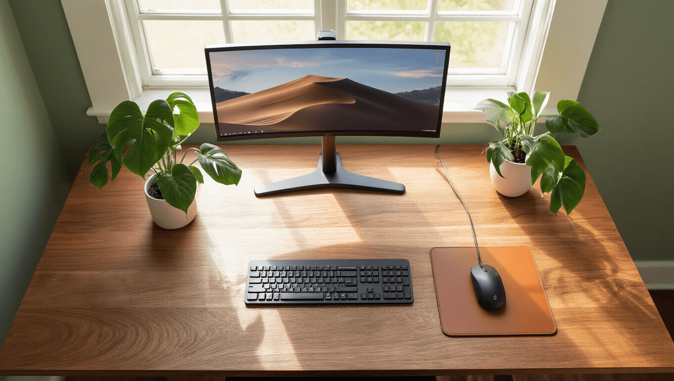 Cinematic overhead view of a minimalist desk setup with walnut surface, matte black monitor arm supporting dual screens, cognac leather keyboard mat, and a single monstera plant, enhanced by natural lighting and a sage green accent wall, showcasing clean lines and a professional atmosphere.