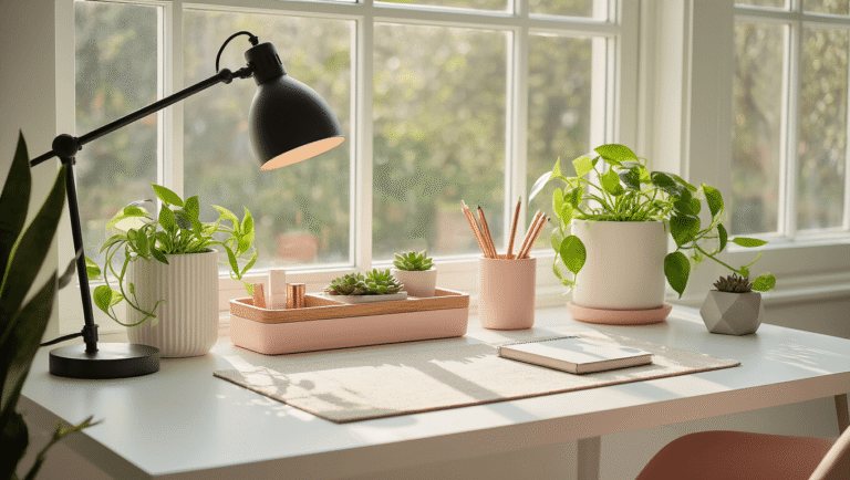 Minimalist white desk setup with organizers, large window letting in soft morning light, blush pink accents, and a cozy atmosphere.