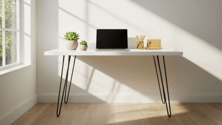 A modern minimalist white desk with hairpin legs, adorned with a sleek laptop, a small succulent in a ceramic pot, geometric brass accessories, and a bamboo organizer, all bathed in warm natural light from a large window, with hardwood floors and soft shadows.