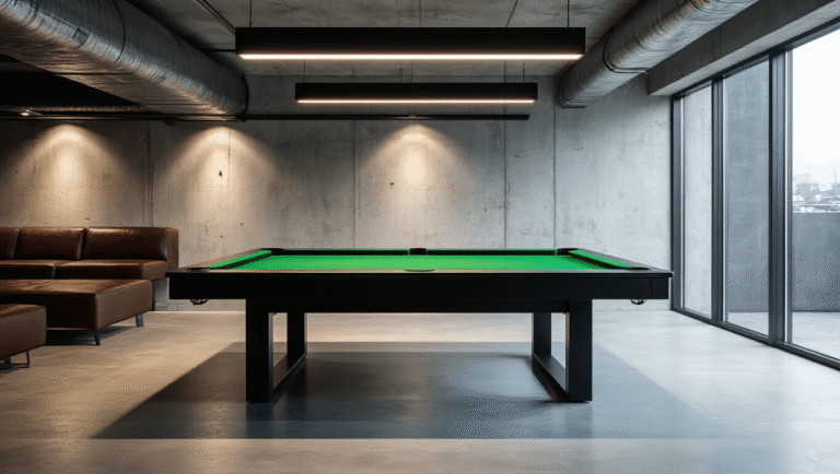 A sleek contemporary pool table with a black metal frame and green felt in a modern basement featuring exposed concrete walls, industrial ductwork, and dramatic lighting.