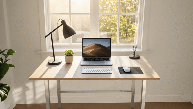 Cinematic overhead shot of a minimalist workspace featuring an ergonomic desk setup with a MacBook Pro, wireless keyboard, and succulent, all illuminated by warm natural light.