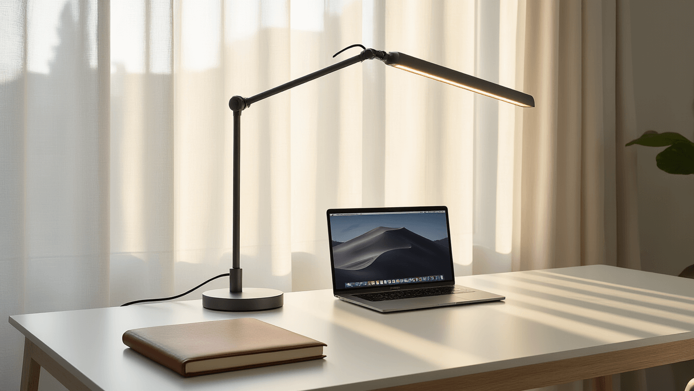 A modern minimalist home office featuring a matte graphite LED desk lamp with an adjustable arm over a sleek white oak desk, warm lighting and morning sunlight create a soft, inviting atmosphere with a MacBook Pro and leather-bound notebook neatly arranged.