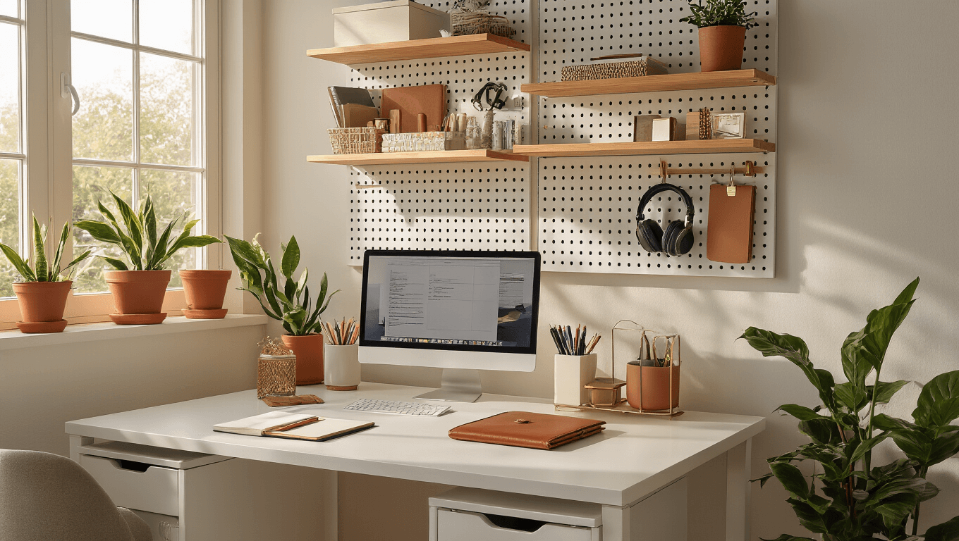 Cinematic wide shot of a modern organized desk workspace featuring warm natural lighting, a sleek white desk with a vertical organizer, floating wooden shelves, a pegboard wall, rolling drawer units, an acrylic monitor stand, terracotta plant pots, a leather planner, and ambient lighting highlighting various textures.