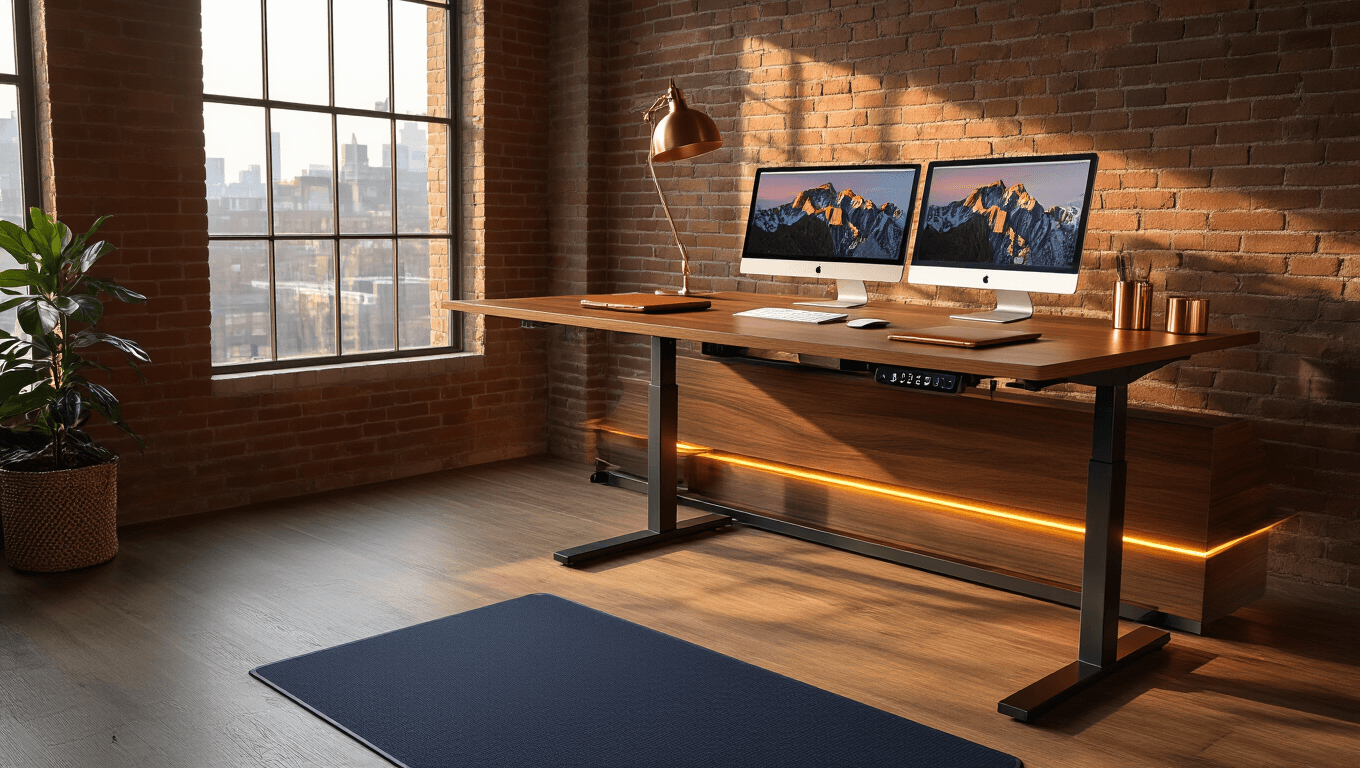 A modern standing desk workspace featuring a dual-motor desk with a walnut surface, brushed steel frame, and glowing LED control panel in an industrial loft setting with warm amber lighting, exposed brick walls, and a navy anti-fatigue mat.