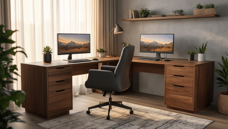 Ultra-realistic L-shaped walnut computer desk setup with dual monitors, ergonomic charcoal chair, organized cable management, soft golden hour lighting, concrete accent wall, and potted succulents, evoking a clean and professional workspace atmosphere.