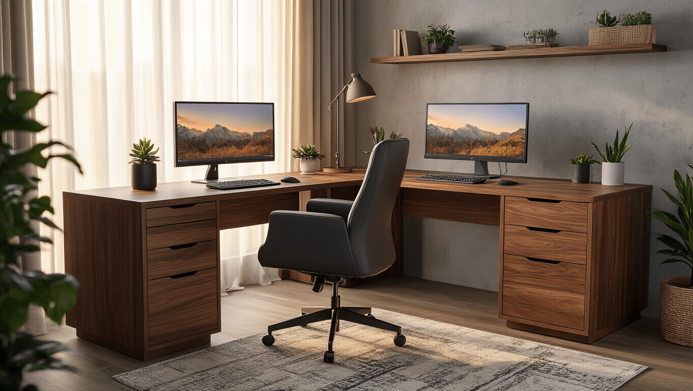 Ultra-realistic L-shaped walnut computer desk setup with dual monitors, ergonomic charcoal chair, organized cable management, soft golden hour lighting, concrete accent wall, and potted succulents, evoking a clean and professional workspace atmosphere.