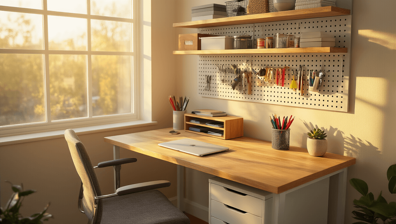 Cinematic overhead view of a neatly organized small desk workspace bathed in warm golden hour light, showcasing a textured wood surface, vertical storage solutions, clear workspace zones, and a cozy, minimalist aesthetic.