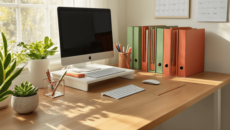 A well-organized study desk featuring a rich maple wood surface, a matte black monitor on a white riser, and color-coded file organizers in sage green and terracotta, complemented by brushed copper cable management. The scene is softly illuminated by morning sunlight, highlighting a minimalist aesthetic and inviting workspace atmosphere with greenery and natural elements.