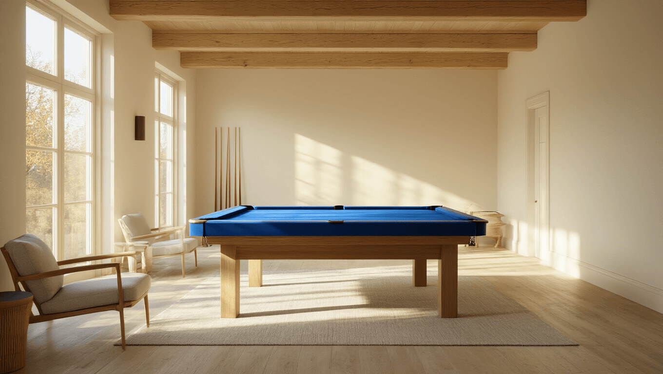 A serene Scandinavian minimalist pool room with a blue-felt pool table, natural wood ceiling beams, pale hardwood floors, cream walls, large windows letting in golden hour sunlight, and minimalistic furniture, creating an inviting ambiance.