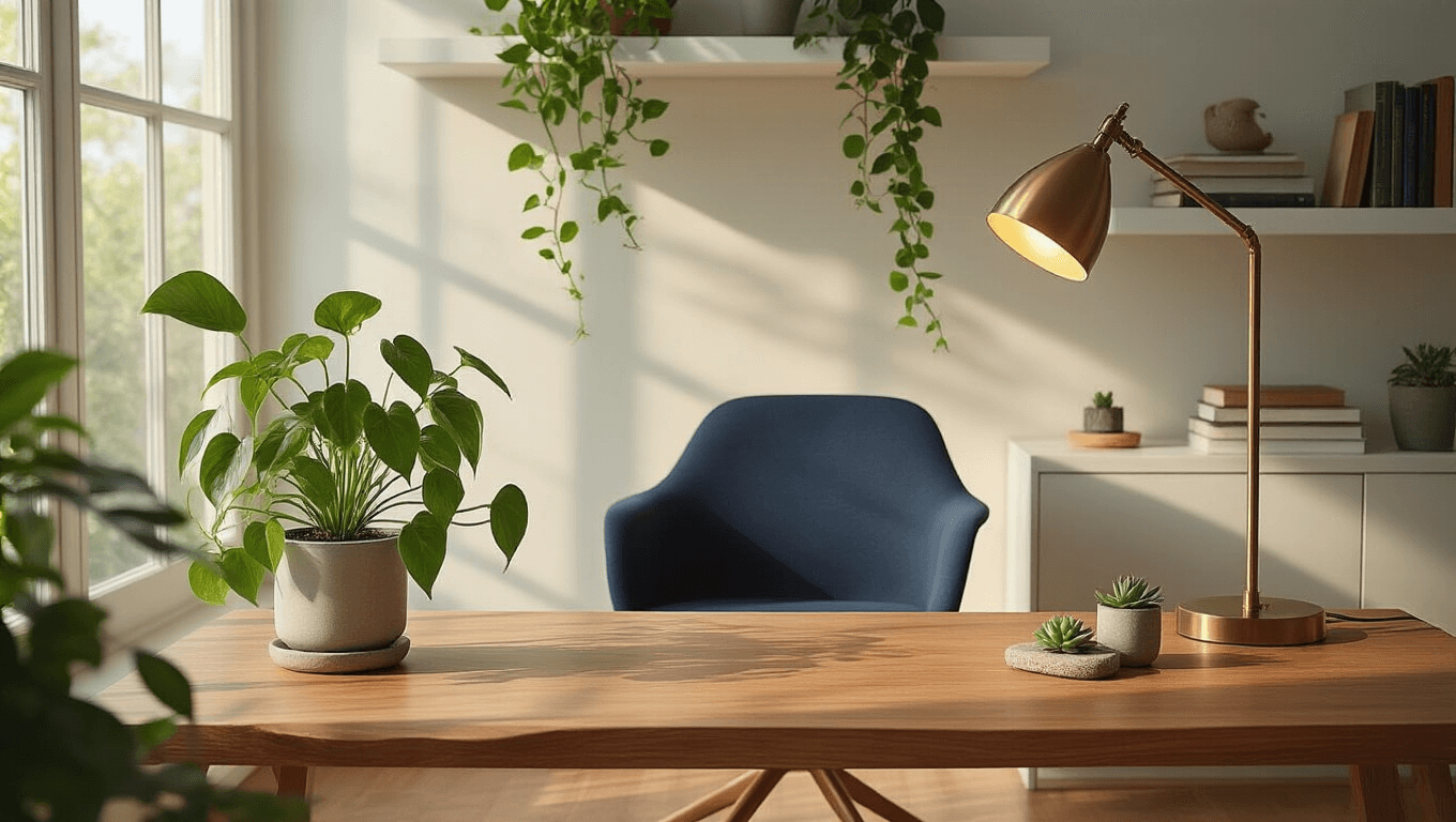 Ultra-detailed shot of a Scandinavian minimalist workspace featuring a sleek wooden desk, ergonomic navy chair, trailing pothos plant, brushed brass lamp, and curated floating shelves, with soft natural light illuminating the warm maple flooring.
