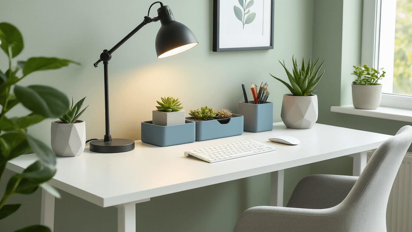 Modern Scandinavian office desk setup featuring a sleek white desk, matte black lamp, small succulent, multi-compartment organizer, and ergonomic chair against soft sage green walls, highlighted by natural light and a clean minimalist aesthetic.