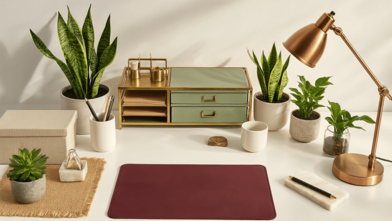 Cinematic overhead view of a sophisticated desk setup featuring brass and wood organizers, greenery in ceramic and glass planters, and warm lighting on a clean white background.