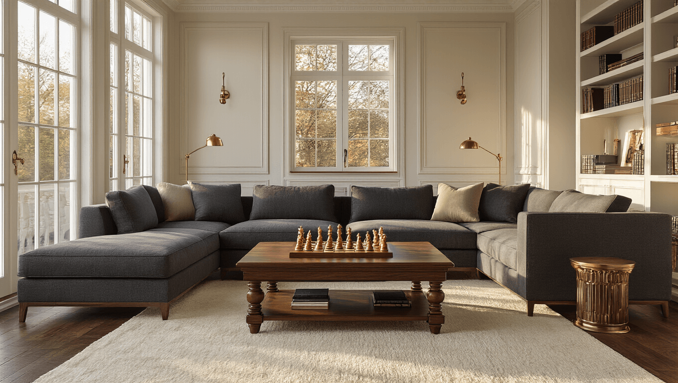 Photorealistic living room scene during golden hour, featuring walnut hardwood floors, cream walls, charcoal gray sectional sofa, and ornate wooden chess set on a dark walnut coffee table. Warm light filters through windows, highlighting layered textures like a cream wool rug and brass accent lamps, with board games displayed on shelves.