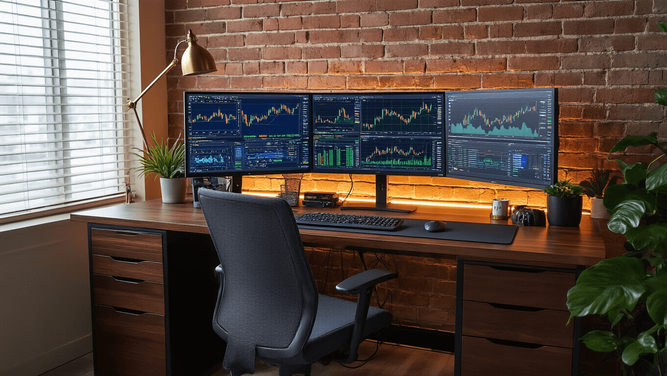 Ultra-realistic trading workspace featuring a triple monitor setup with financial charts, ergonomic chair, and warm bias lighting, set against an exposed brick wall.
