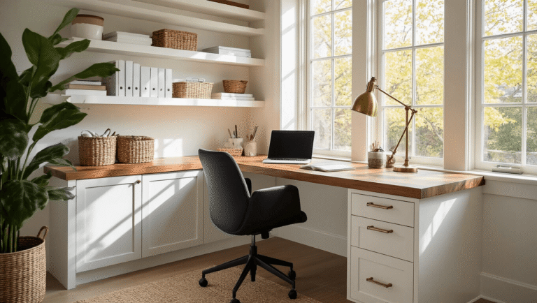 Warm home office with walnut butcher block desk, white MDF shelving, ergonomic black chair, and brass lamp, illuminated by soft morning light.