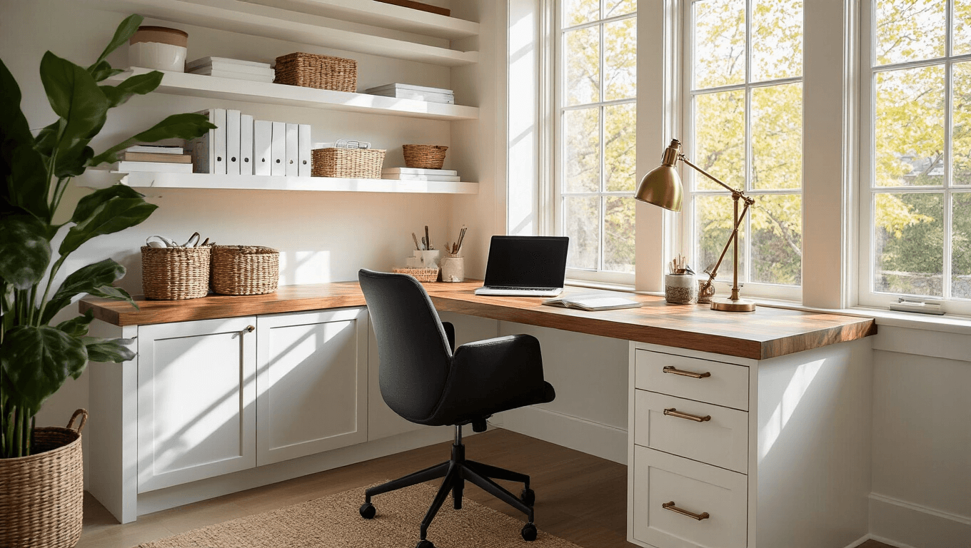 Warm home office with walnut butcher block desk, white MDF shelving, ergonomic black chair, and brass lamp, illuminated by soft morning light.