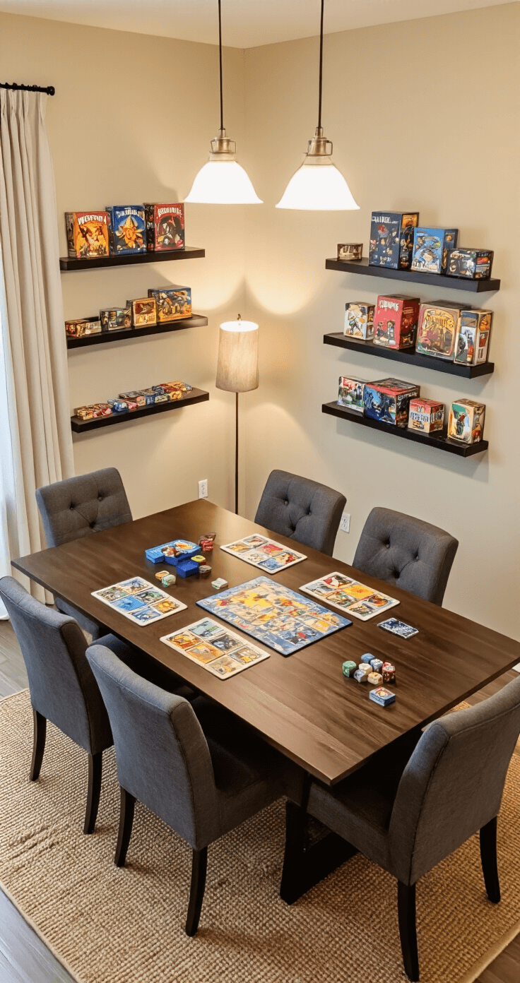 Professional interior photography of a cozy modern living room game night setup, featuring warm lighting, a well-organized Wingspan board game on a dark walnut dining table, surrounded by cushioned chairs, with colorful board game boxes on floating shelves and rich textures throughout the space.