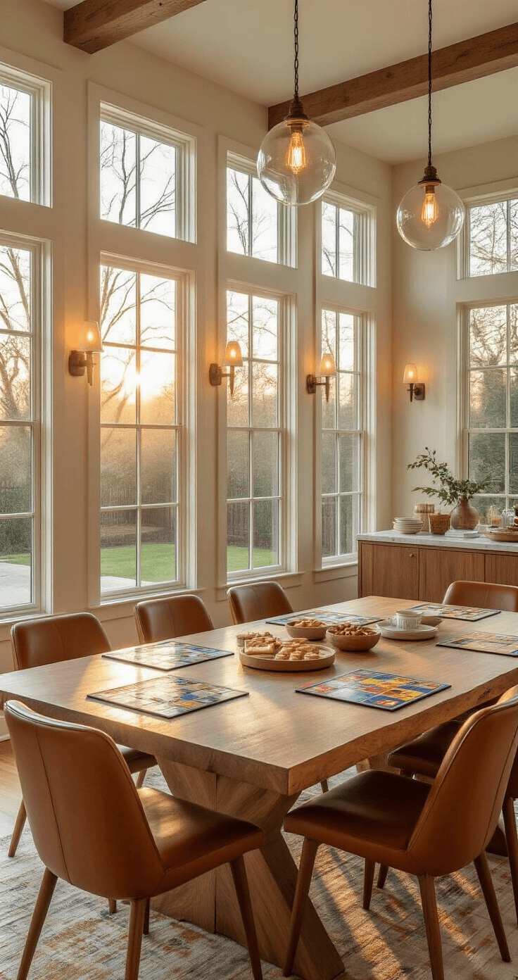 Cinematic wide-angle shot of an elegant dining room set for board game night, featuring a live-edge oak dining table with mid-century leather chairs, organized board games, a sleek snack station, and warm lighting against rich navy walls.